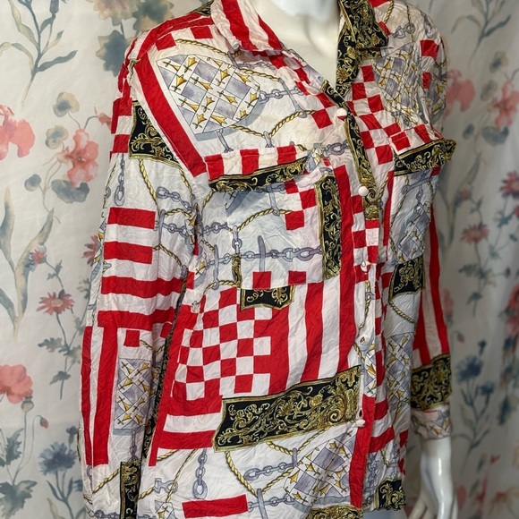 Vintage Silx Women's Red and Black Patterned Blouse - Picture 3 of 12